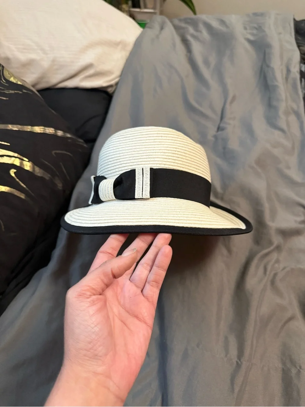 Cream Straw Sun Hat with Black Band and Trim